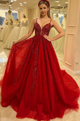 Red Tulle A Line Prom Dress with Sequin Vines and Open Back