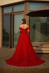 Red Tulle A Line Prom Dress with Sheer Off Shoulder Sleeves