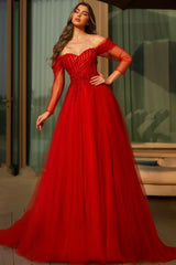 Red Tulle A Line Prom Dress with Sheer Off Shoulder Sleeves