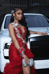 Red Tulle Prom Dress Ruffled Sequined V Neck Formal Evening Gown with 3D Flowers