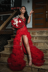Red Tulle Prom Dress Ruffled Sequined V Neck Formal Evening Gown with 3D Flowers