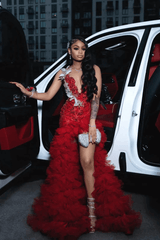 Red Tulle Prom Dress Ruffled Sequined V Neck Formal Evening Gown with 3D Flowers