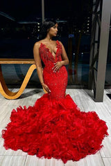 Red V-Neck Strapless Mermaid Beadings Prom Dress with Ruffles