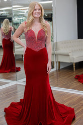 Red Velvet Evening Dress V-Neck Beaded Mermaid Christmas Party Dress