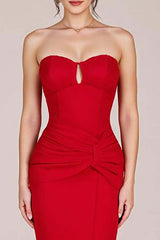 Red Wedding Guest Dress Strapless Ruched Sheath Long Evening Dress With Slit