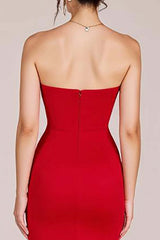 Red Wedding Guest Dress Strapless Ruched Sheath Long Evening Dress With Slit