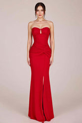 Red Wedding Guest Dress Strapless Ruched Sheath Long Evening Dress With Slit