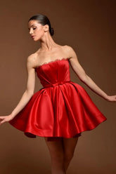 Red Strapless Graduation Dress A Line Satin Short Cocktail Dresses with Bowknot