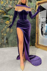 Regency Long Sleeve Velvet Evening Dress High Neck Christmas Party Dress with Slit