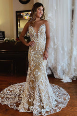 Romantic Champagne Illusion Boat Neck Mermaid Lace Beach Wedding Dress
