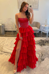 Dreamyannie A Line Tiered Prom Dress Strapless Corset Long Chiffon Formal Dress With Slit