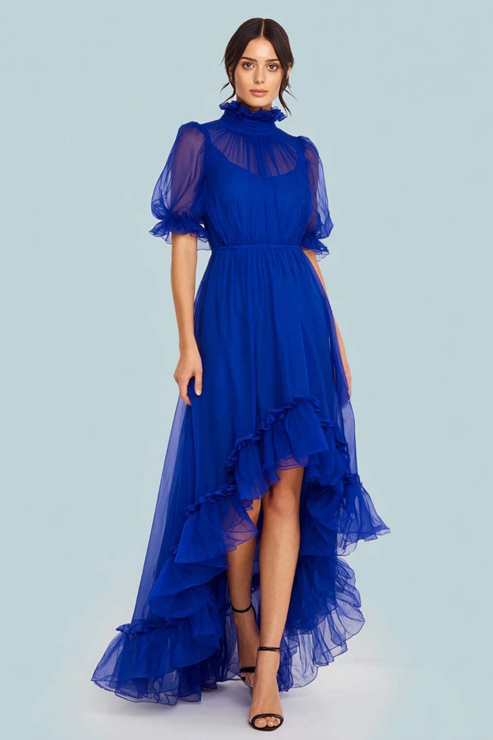 Royal Blue High Neck Tulle A Line High-Low Prom Dress With Sleeves