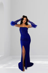 Royal Blue Prom Dress Column Strapless Sleeveless Sequined Satin Formal Dress With Slit