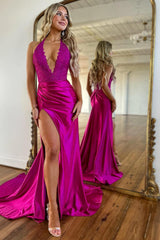 Royal Blue Prom Dress Halter Mermaid Satin Evening Dress with Slit