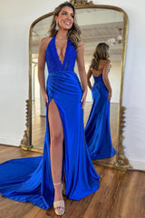 Royal Blue Prom Dress Halter Mermaid Satin Evening Dress with Slit