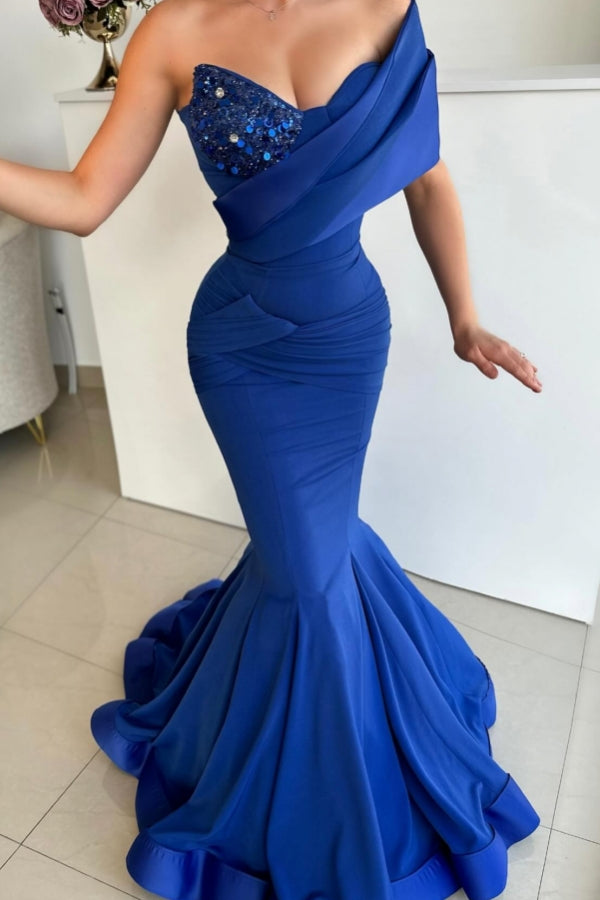 Royal Blue Prom Dress Mermaid One Shoulder Sequined Sleeveless Formal Dress