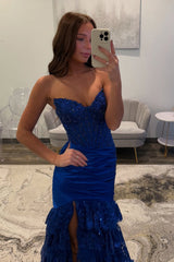 Royal Blue Prom Dress Mermaid Ruffled Formal Dress With Slit