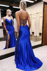 Royal Blue Prom Dress Mermaid Satin Evening Dress With Slit