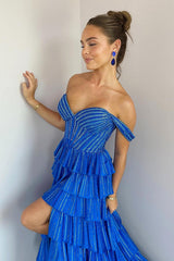 Royal Blue Prom Dress Off The Shoulder Tiered Long Evening Dress with Slit