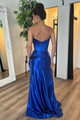 Royal Blue Prom Dress Satin Corset Long Evening Dress With Slit
