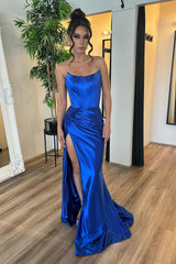Royal Blue Prom Dress Satin Corset Long Evening Dress With Slit