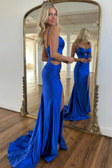 Royal Blue Prom Dress Satin Long Sheath Formal Dress With Slit