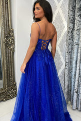 Royal Blue Prom Dress Sequined A-Line Spaghetti Straps Long Evening Dress With Slit