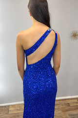 Royal Blue Prom Dress Sequined Mermaid One Shoulder Long Evening Dress With Slit