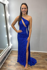 Royal Blue Prom Dress Sequined Mermaid One Shoulder Long Evening Dress With Slit