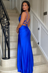 Royal Blue Prom Dress Sequined Mermaid Ruche Spaghetti Straps Long Evening Dress With Slit