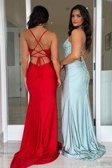 Royal Blue Prom Dress Sequined Mermaid Ruche Spaghetti Straps Long Evening Dress With Slit