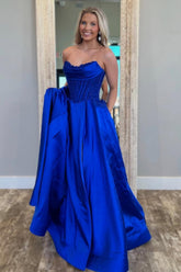 Royal Blue Satin Gown With Strapless Glitter Bodice A-Line Silhouette Prom Dress Formal Evening Gown