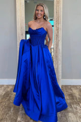 Royal Blue Satin Gown With Strapless Glitter Bodice A-Line Silhouette Prom Dress Formal Evening Gown