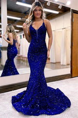 Royal Blue Sequined Velvet Evening Dress Spaghetti Strap Long Mermaid Christmas Party Dress