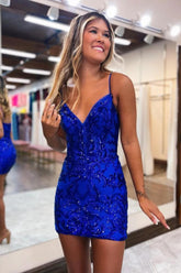 Royal Blue Sheath Spaghetti Straps Short Graduation Dress