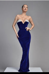 Royal Blue Sleeveless V Neck Samt Evening Dress