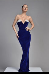Royal Blue Sleeveless V Neck Samt Evening Dress