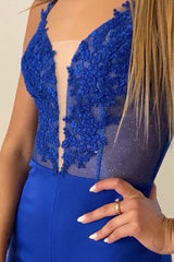 Royal Blue Spaghetti Straps Evening Dress with Appliques and Split