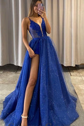 Royal Blue Spaghetti Straps Evening Dress with Appliques and Split