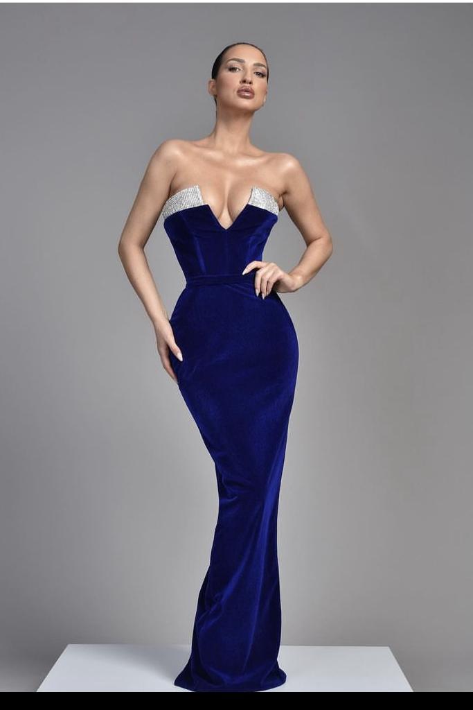 Royal Blue Velvet Evening Dress Sleeveless V Neck Christmas Party Dress