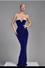 Royal Blue Velvet Evening Dress Sleeveless V Neck Christmas Party Dress