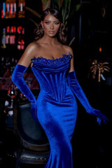 Royal Blue Velvet Evening Dress Strapless Beading Mermaid Formal Dress