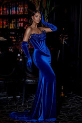 Royal Blue Velvet Evening Dress Strapless Beading Mermaid Formal Dress