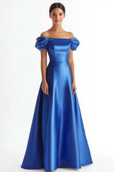 Royal Blue Wedding Guest Dress A Line Satin Long Evening Dress With Ruffles