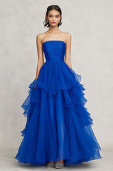 Royal Blue Wedding Guest Dress Chiffon Strapless Ruffled A Line Long Evening Dress
