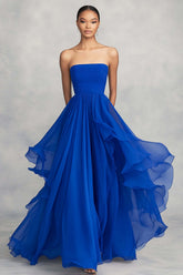 Royal Blue Wedding Guest Dress Ruffled Ball Gown Chiffon Strapless Pleated Long Evening Dress