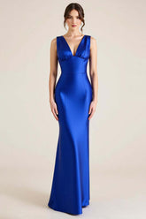 Royal Blue Wedding Guest Dress V-Neck Satin Sheath Sleeveless Long Evening Dress