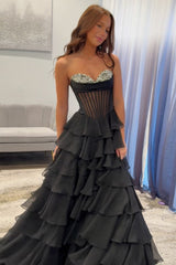 Ruffled Black Prom Dress A Line Corset Long Formal Dress With Beadings