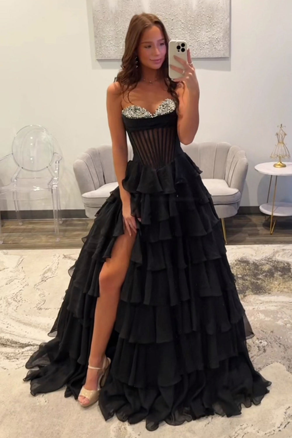 Ruffled Black Prom Dress A Line Corset Long Formal Dress With Beadings