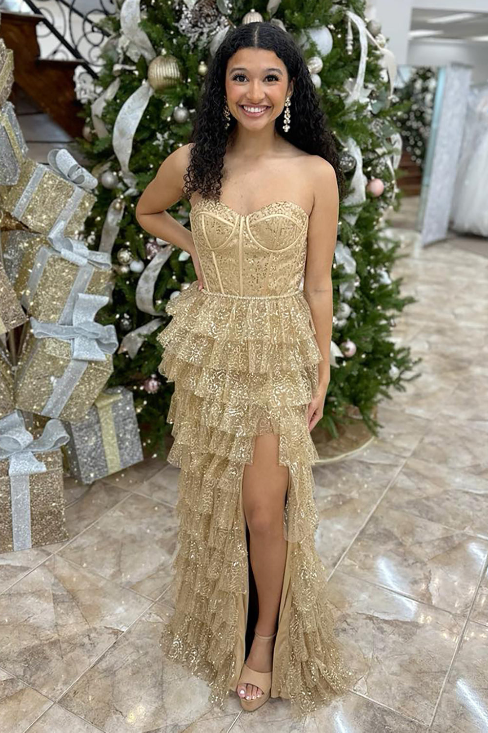 Ruffled Gold Prom Dress Sweetheart Long Evening Dress With Slit